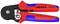 Krimptang met rode en blauwe handgreep, merknaam 'KNIPEX', geschikt voor kabelafmetingen 0,08–2,0 mm²/AWG 28–2x8, vervaardigd in Duitsland.