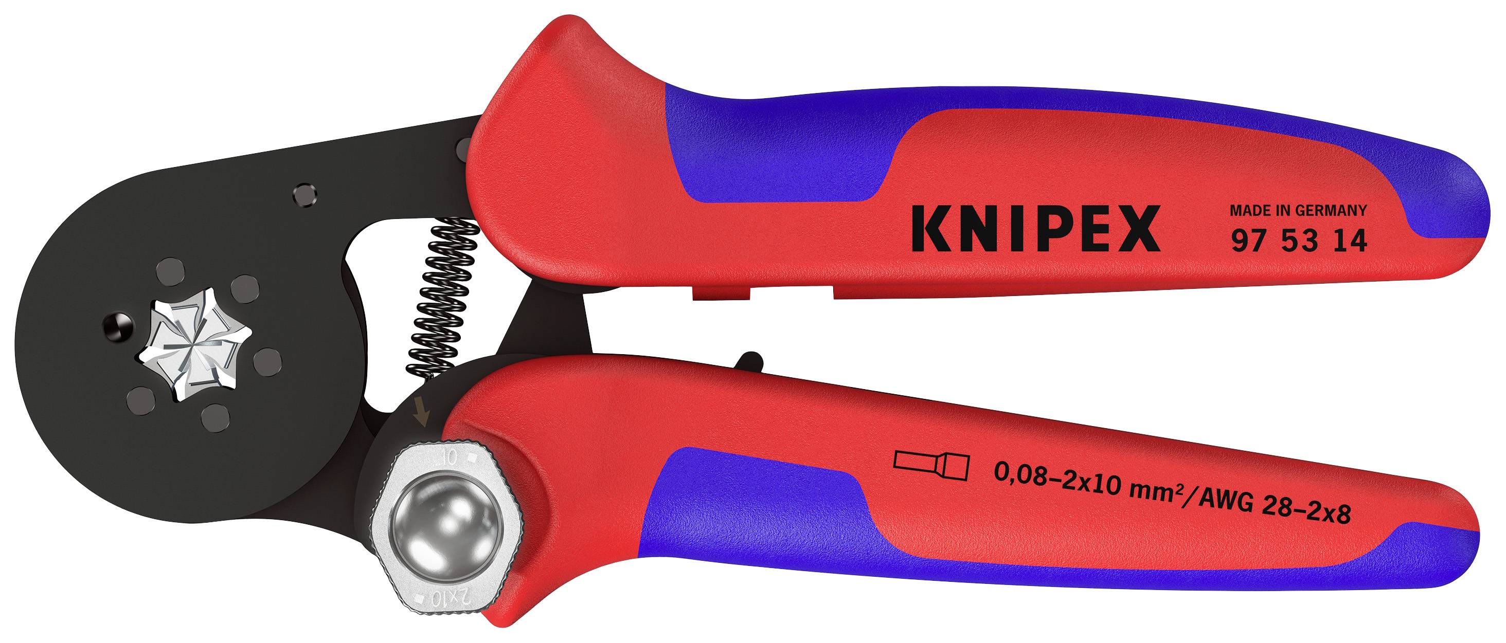 Krimptang met rood-blauwe handgreep, merk "Knipex", modelnummer 97 53 14, geschikt voor kabelafmetingen 0,08-2x10 mm²/AWG 28-2x8.