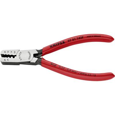 Rode KNIPEX krimptang met zwarte bekken, geschikt voor adereindhulzen van 0,25-2,5 mm². 'MADE IN GERMANY' en '97 61 145F' zijn zichtbaar.