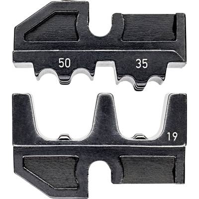 Metalen meetgereedschap met twee identieke onderdelen, elk voorzien van genummerde uitsparingen '50', '35' en '19', bedoeld voor maatbepaling.