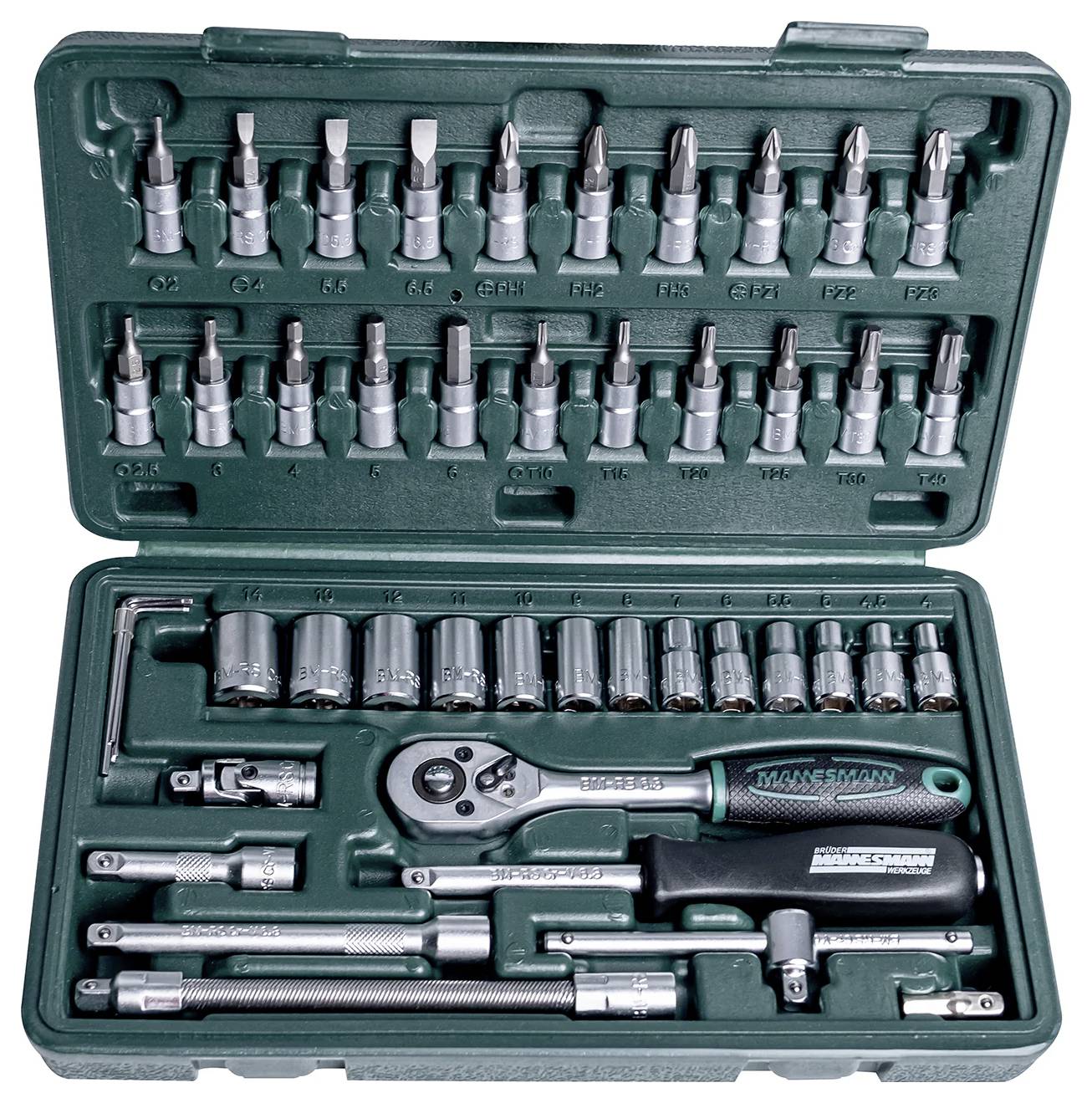 Gereedschapsset met ratel, dopsleutels en bits in een groene koffer. Bevat verschillende maten voor veelzijdige toepassingen.