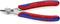 Een Knipex zijkniptang met rood-blauwe handgrepen en roestvrijstalen messen, geschikt voor het knippen van koper- en ijzerdraad.