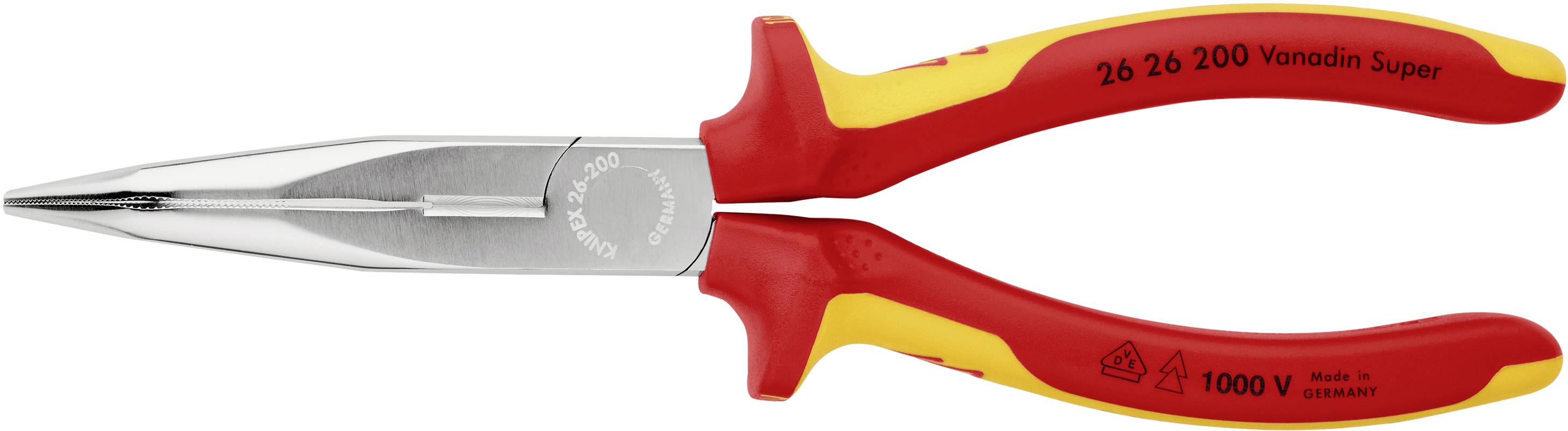 Een rood-gele punttang met geïsoleerde handgrepen, geschikt voor werkzaamheden tot 1000V. Opschrift '26 26 200 Vanadin Super'.