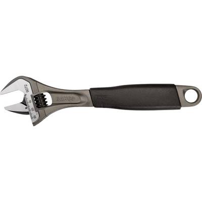 Verstelbare moersleutel met zwart handvat en metalen bek, horizontaal afgebeeld op een witte achtergrond.