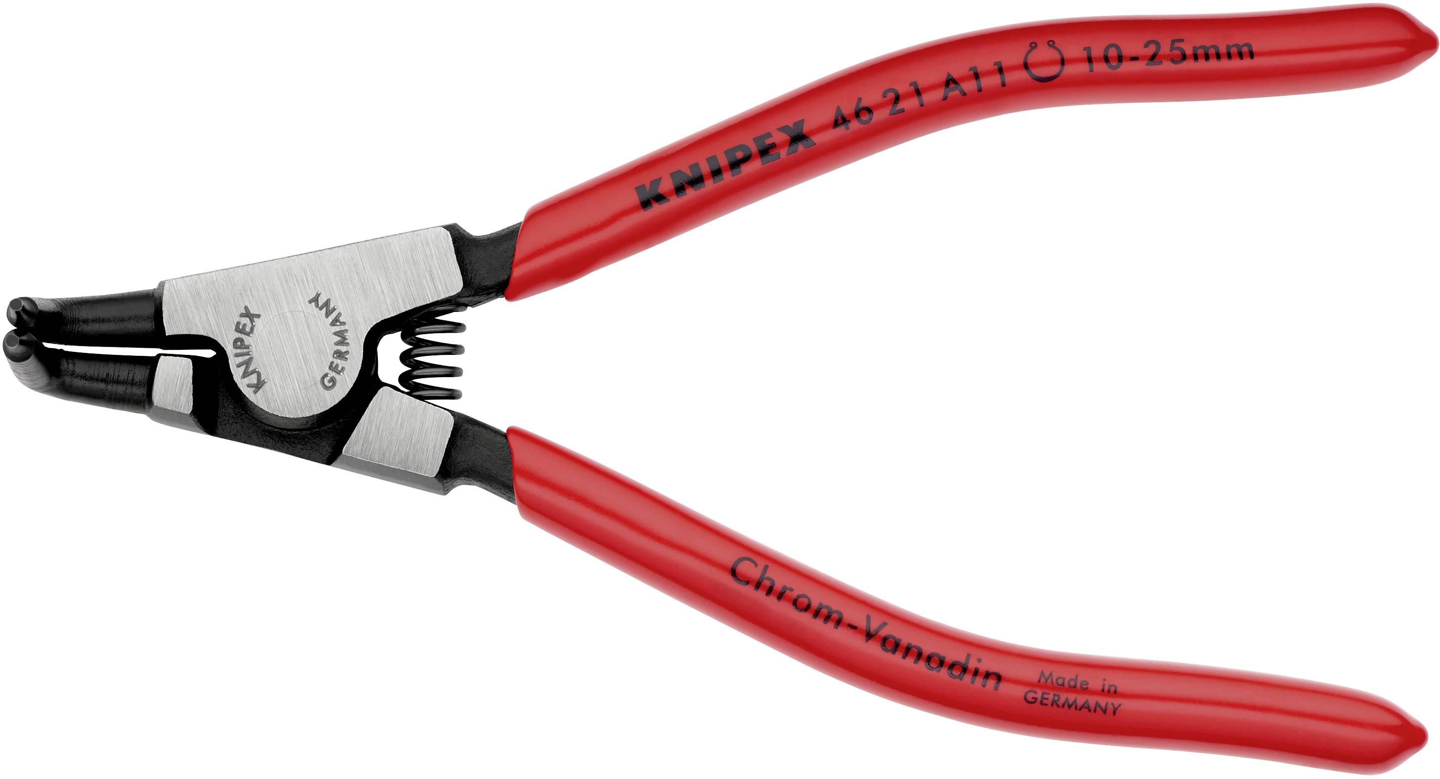 Rode, geïsoleerde krimptang met opschrift 'Knipex 46 21 A11' voor kabelschoenen van 10-25mm. Made in Germany.