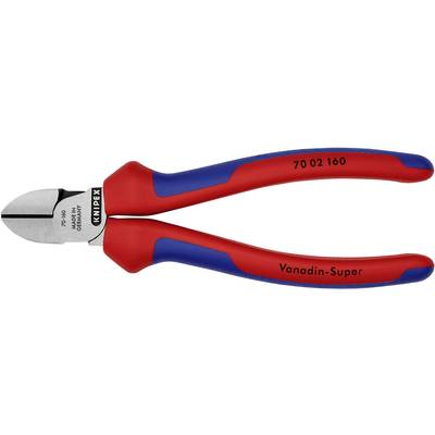 Een rode en blauwe Knipex-zijkniptang met stalen messen, geschikt voor het knippen van draad, met de opdruk 'Vanadin-Super'.