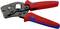 Een rode en blauwe tang met de opdruk 'Knipex', geschikt voor kabelgroottes van 0,08-10 mm².