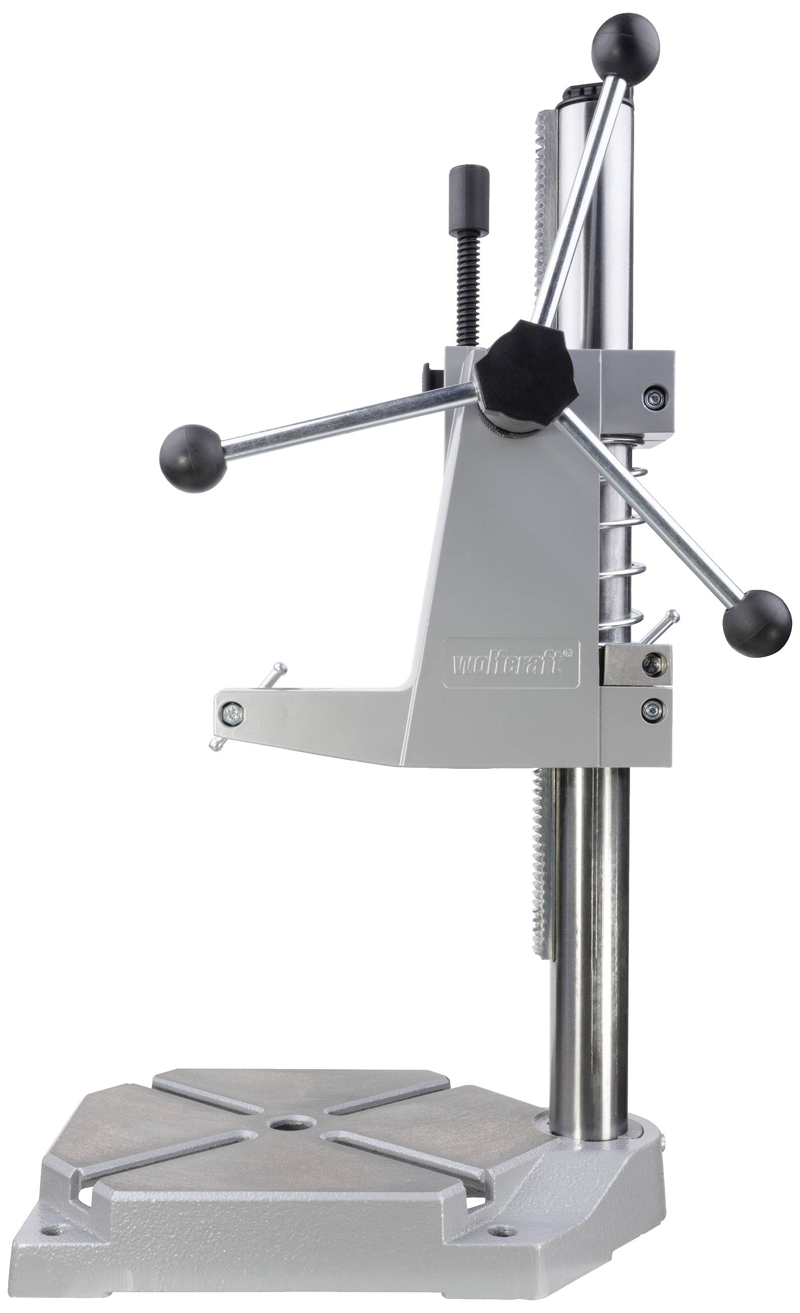 Boormachine-standaard met metalen voet en driearmige hefboom, voor nauwkeurige geleiding van boormachines. Ideaal voor gebruik in de werkplaats.