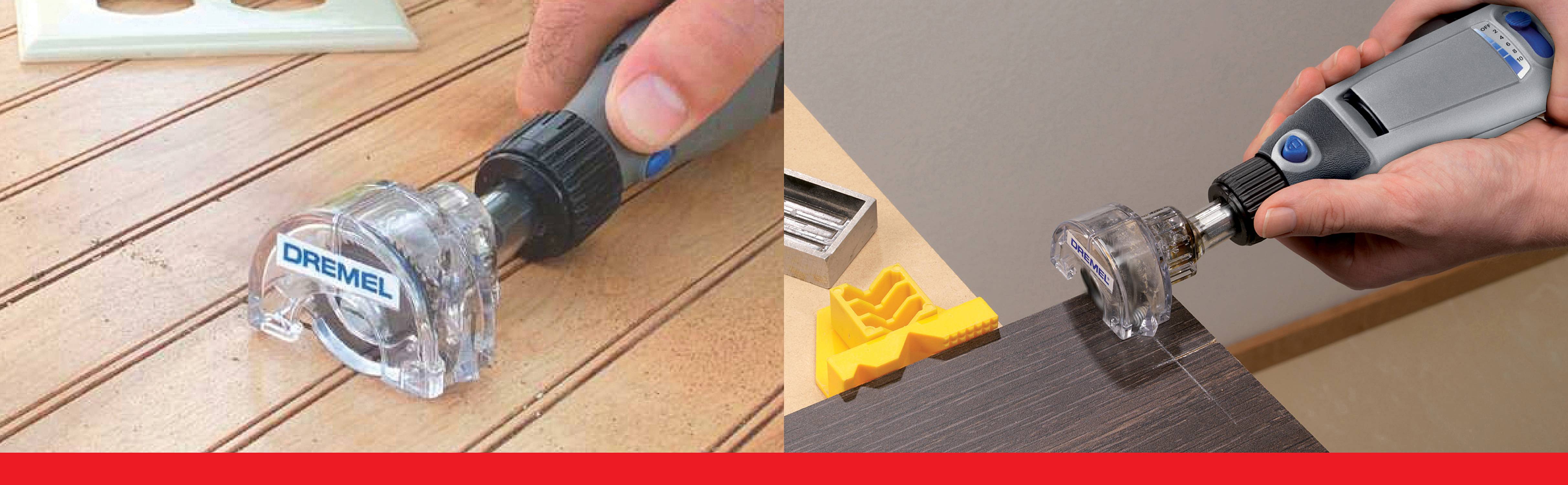 Links een Dremel-machine die een houten oppervlak freest, rechts hetzelfde apparaat dat een vloerbedekking inkort.