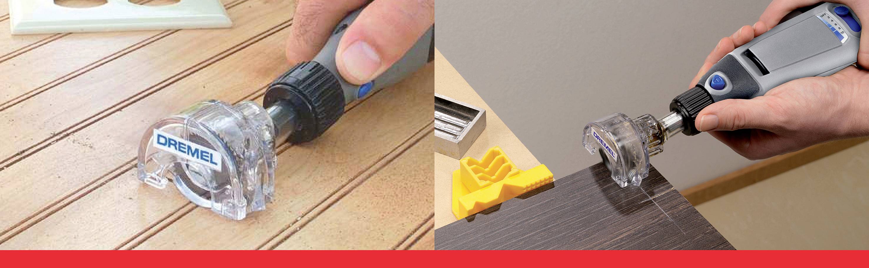 'Twee afbeeldingen laten het gebruik zien van een Dremel-gereedschap bij het snijden van hout en het schoonmaken van een rand. Gereedschap in actie.'