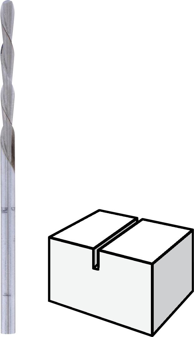 Boor naast een kubus met een gleuf bovenaan; toont hoe de boor een rechte uitholling in het materiaal kan creëren.