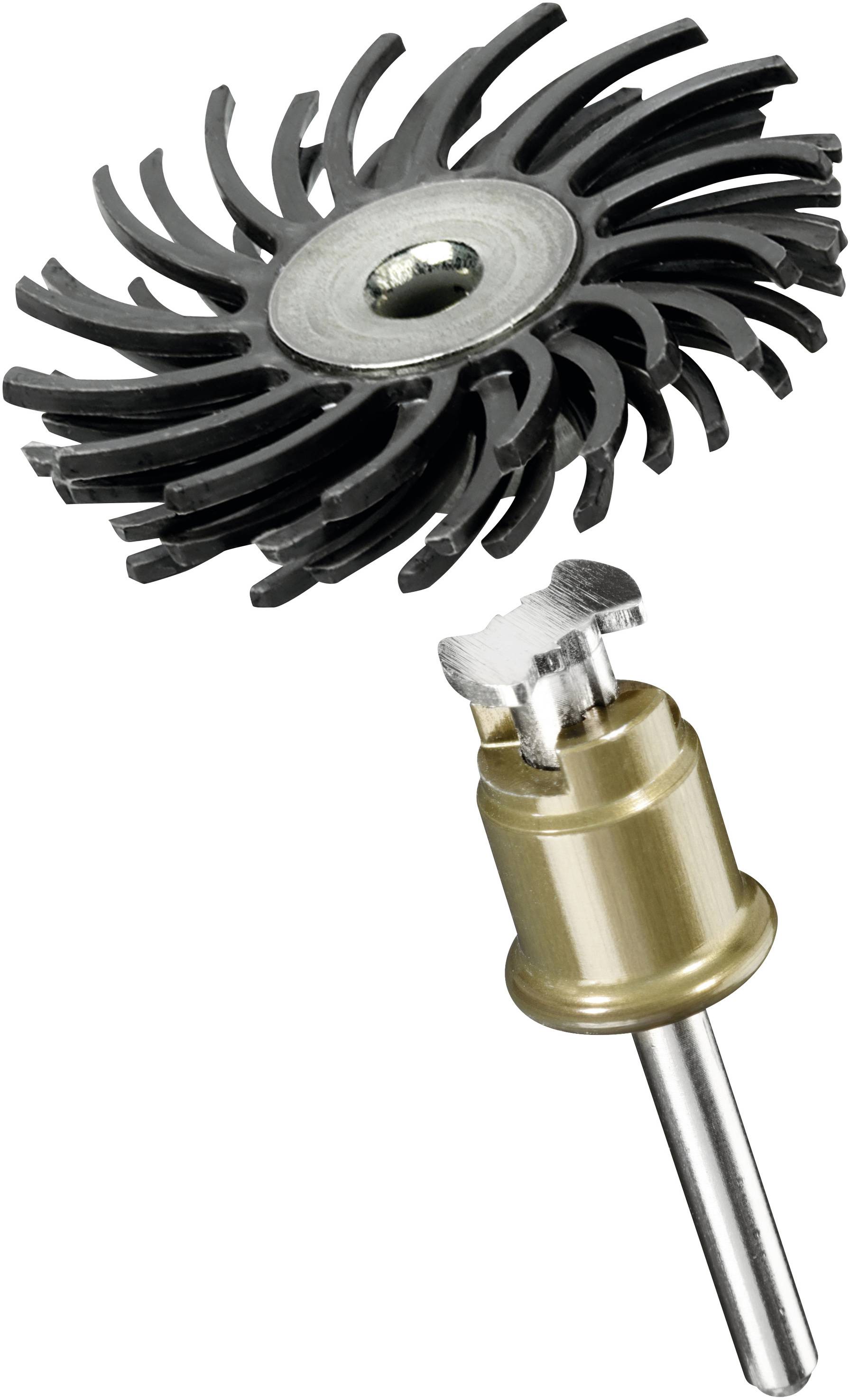 Een roterende schuurkop met zwarte borstels en een metalen steel, geschikt voor boormachines of gereedschappen voor oppervlaktebewerking.