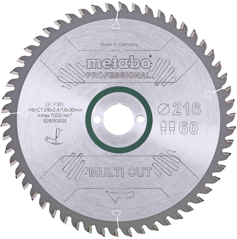 Een cirkelvormig Metabo Professional multi-cut zaagblad, gemarkeerd met 216 mm en 60 tanden, frontaal weergegeven op een witte achtergrond.