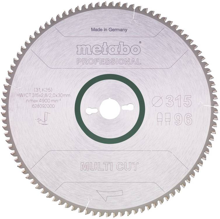 Circulaire Metabo Professional 'Multi Cut' zaagblad geëtiketteerd 'Made in Germany', Ø315 met 96 tanden en andere specificaties op het blad afgedrukt.