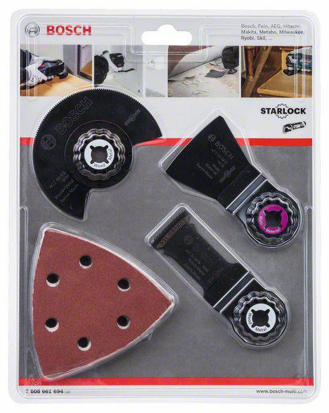 Verpakking met vier universele Bosch Starlock-zaagbladen en schuurpad, compatibel met verschillende merken en gereedschappen.
