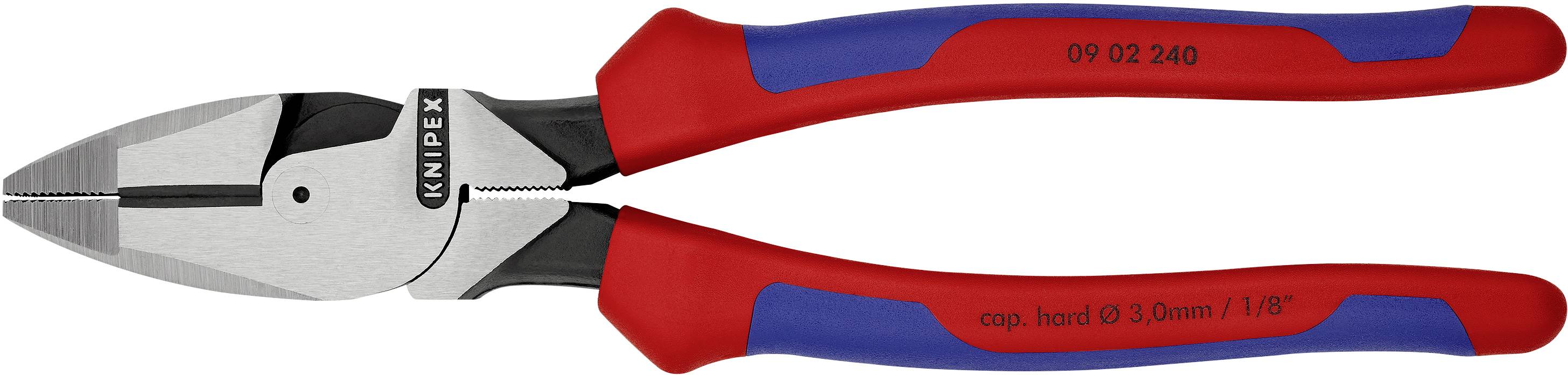 Zijkniptang met rode en blauwe handgrepen, geschikt voor harde draden tot 3,5 mm dikte. Merknaam zichtbaar op de tang.