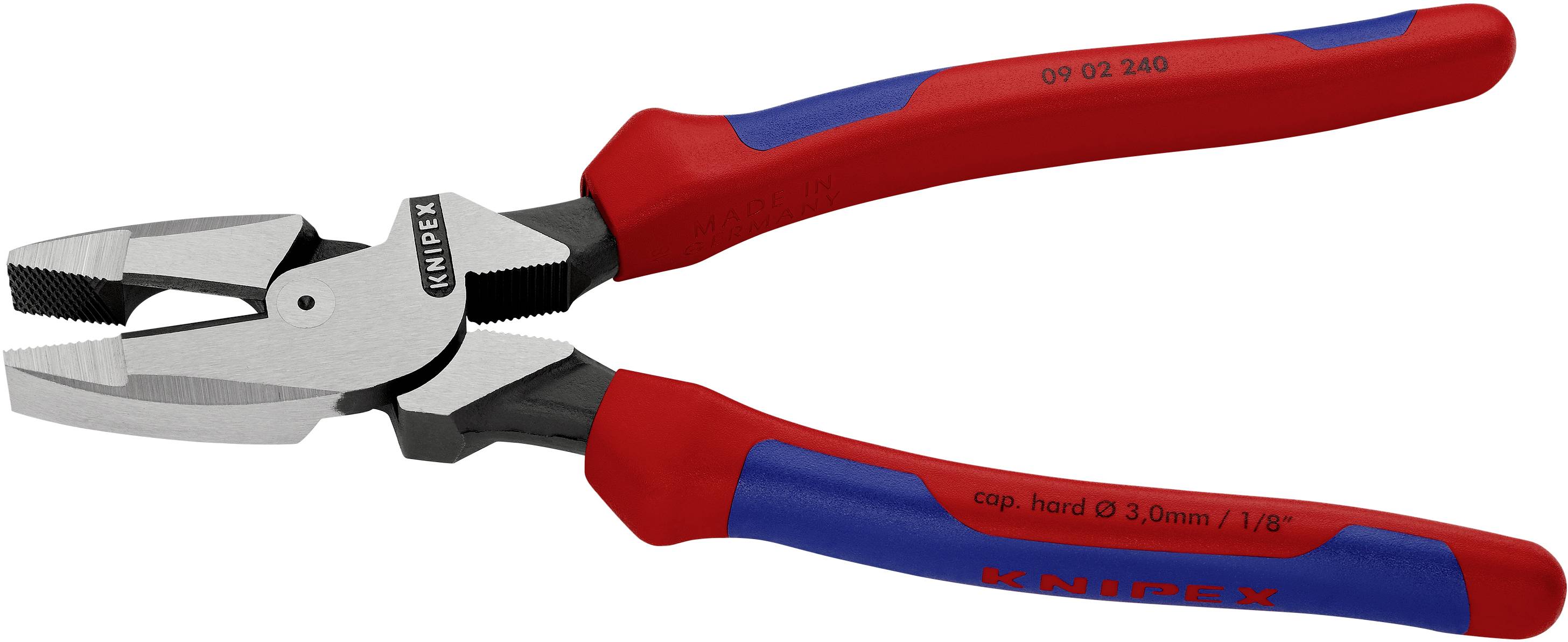Een rode en blauwe combinatietang met een zilveren knipkop. Geschikt voor het vastpakken, knippen en buigen van draden.
