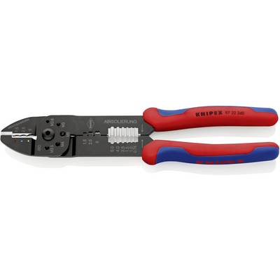 Op de afbeelding staat een rode en blauwe striptang van het merk Knipex, model 97 22 240, met verschillende schalen voor het snijden en strippen van kabels.
