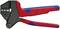 Een rode en blauwe krimptang van het merk Knipex, model 97 43 06, voor adereindhulzen van 0,5 tot 16 mm².