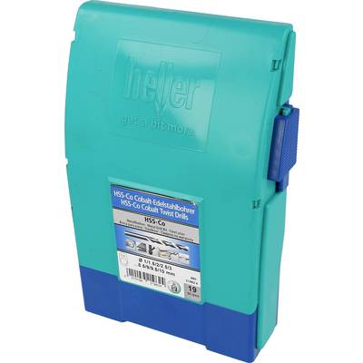 Turquoise en blauwe plastic boor-opbergdoos gelabeld met 'heiler' en 'HSS-Co Cobalt Twist Drills', weergegeven gesloten met een voorzijdig productlabel.