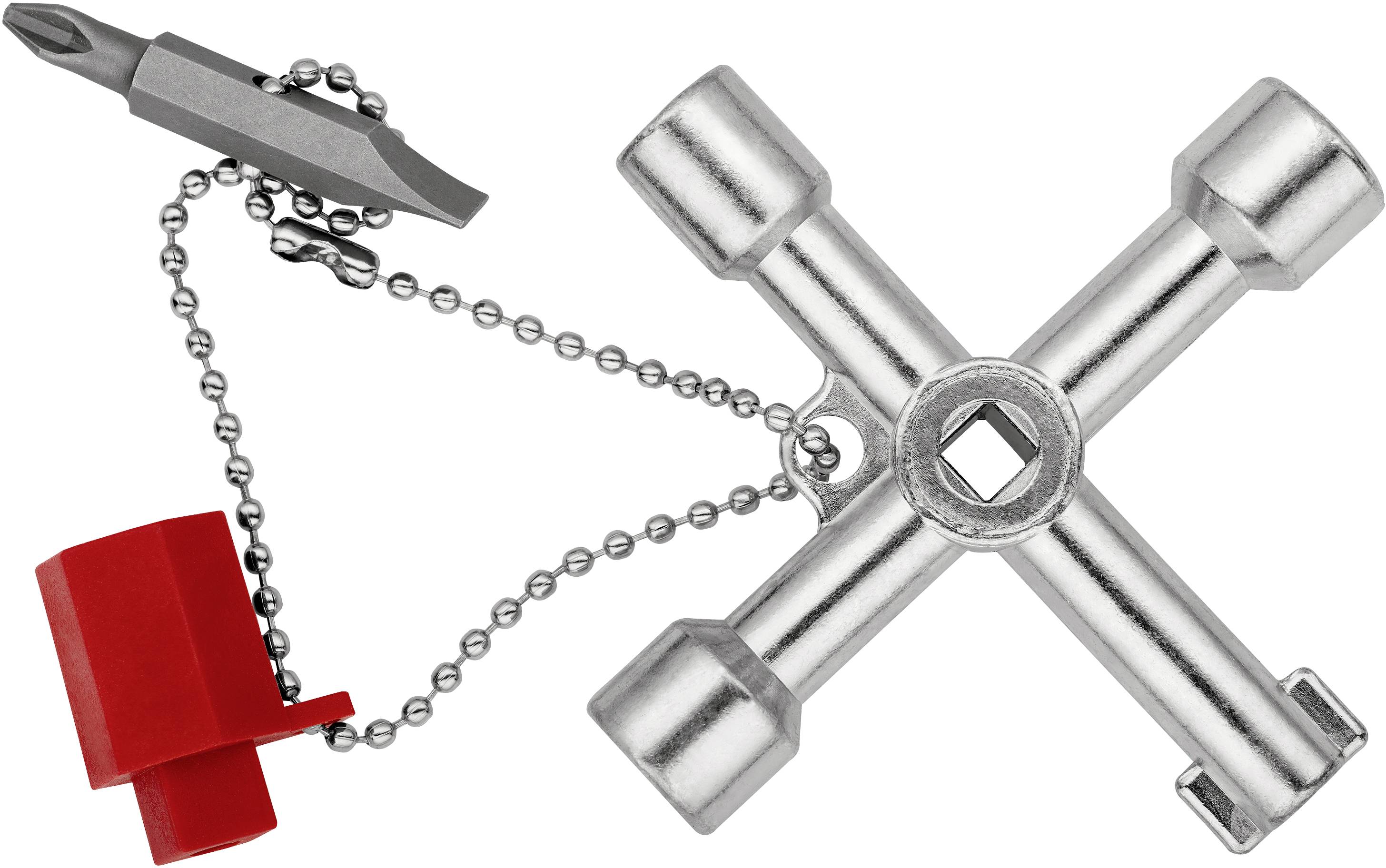 Een vierkante sleutel met verwisselbare inzetstukken en een rode beschermkap, gebruikt voor verschillende technische toepassingen.