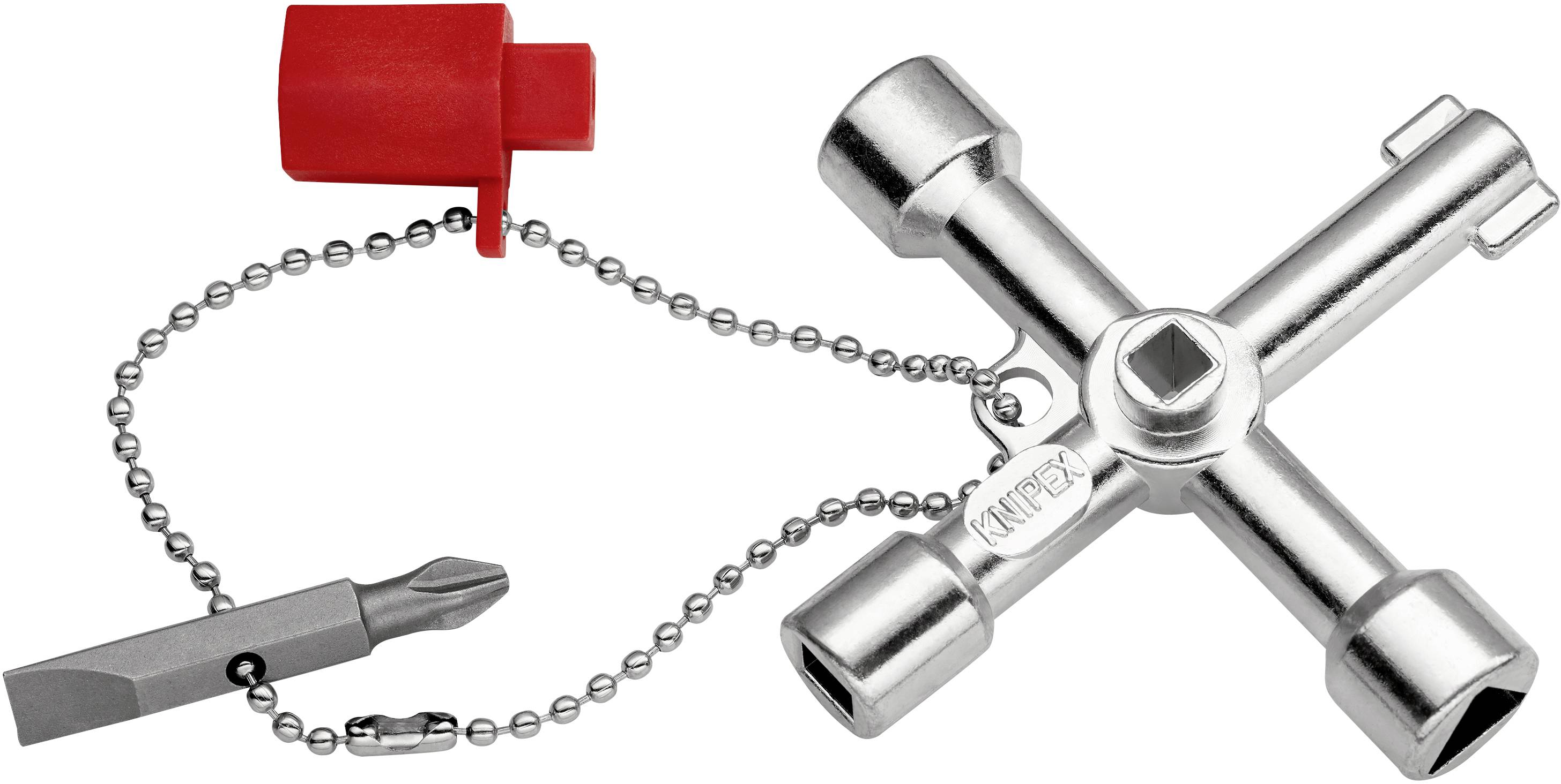 Sleutelhulpstuk met vier verschillende soorten eindstukken aan kettingen, met een rood kunststof element voor universele toepassingen.