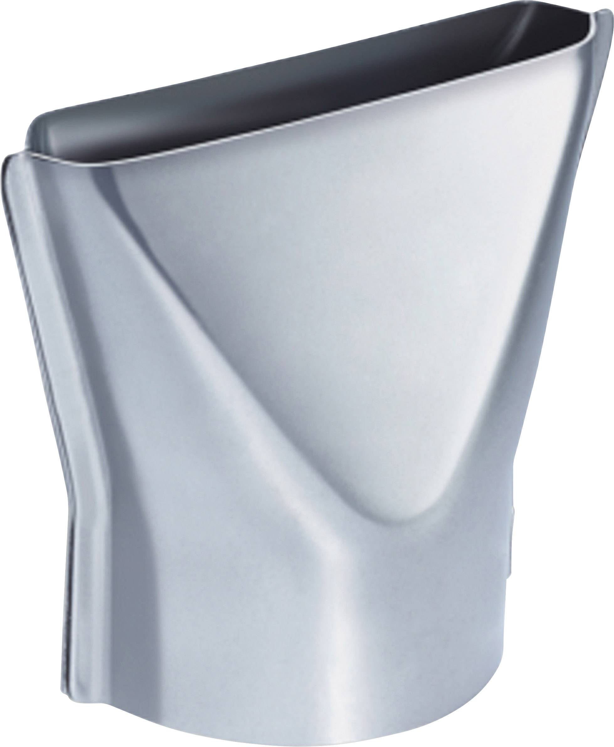 Zilveren metalen stuk met een gladde oppervlakte, licht gebogen. Het heeft een opening en zou kunnen dienen als eindstuk of verbindingselement.