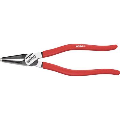 Rode-handgrepen Wiha lange-neus tang met een puntige zilveren kaak op een witte achtergrond.