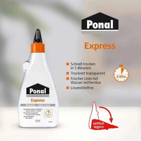 Een fles Ponal Express houtlijm wordt tentoongesteld, met de volgende kenmerken: droogt in 5 minuten, waterbestendig, oplosmiddelvrij en transparant.