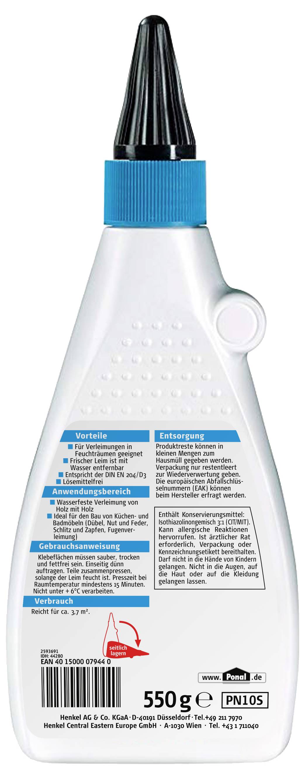 Een witte plastic fles met een puntige zwarte dop, voorzien van tekst in meerdere talen over gebruiksaanwijzingen en waarschuwingen voor een kleefproduct.