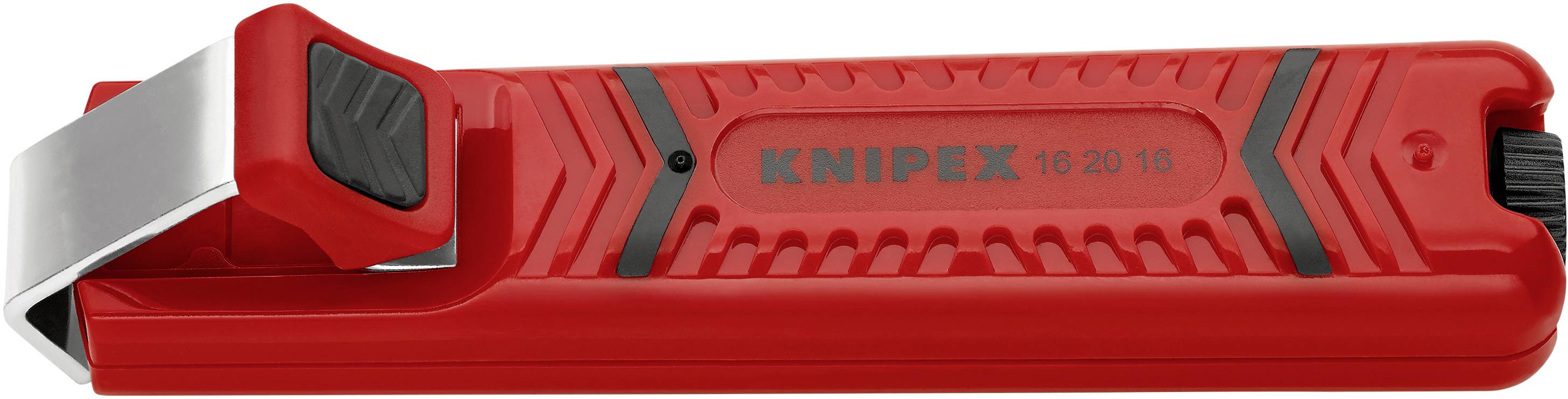 Rood KNIPEX-kabelmes met zwart handvat, geschikt voor het nauwkeurig doorsnijden en strippen van kabels.