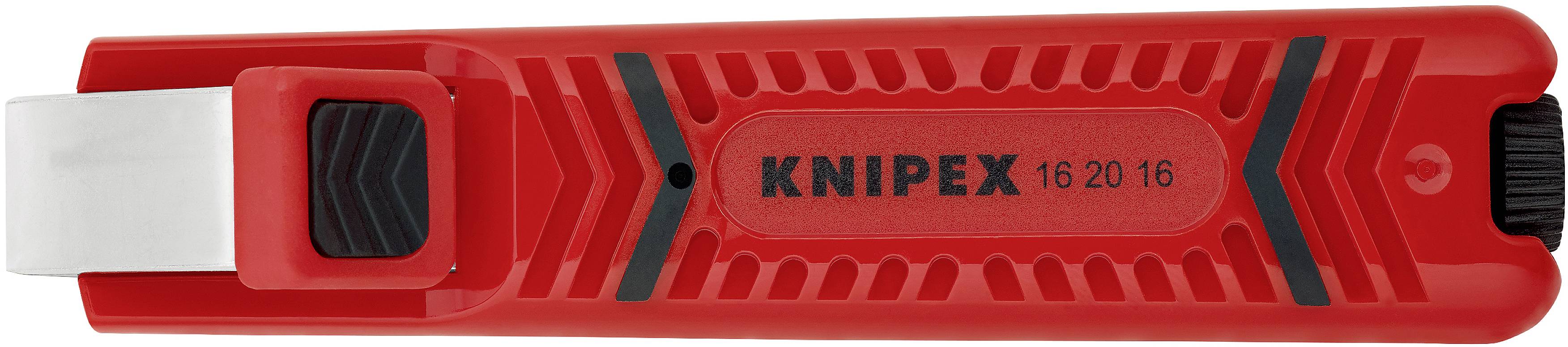 Rode KNIPEX kabelknippers met zwarte schuifmechanisme en zilveren snijblad, modelnummer 16 20 16.