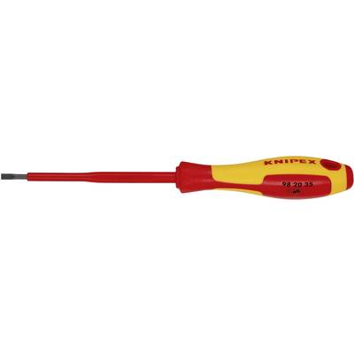 Een gele en rode schroevendraaier met het opschrift 'Knipex', geschikt voor precies werk en elektrische veiligheid.