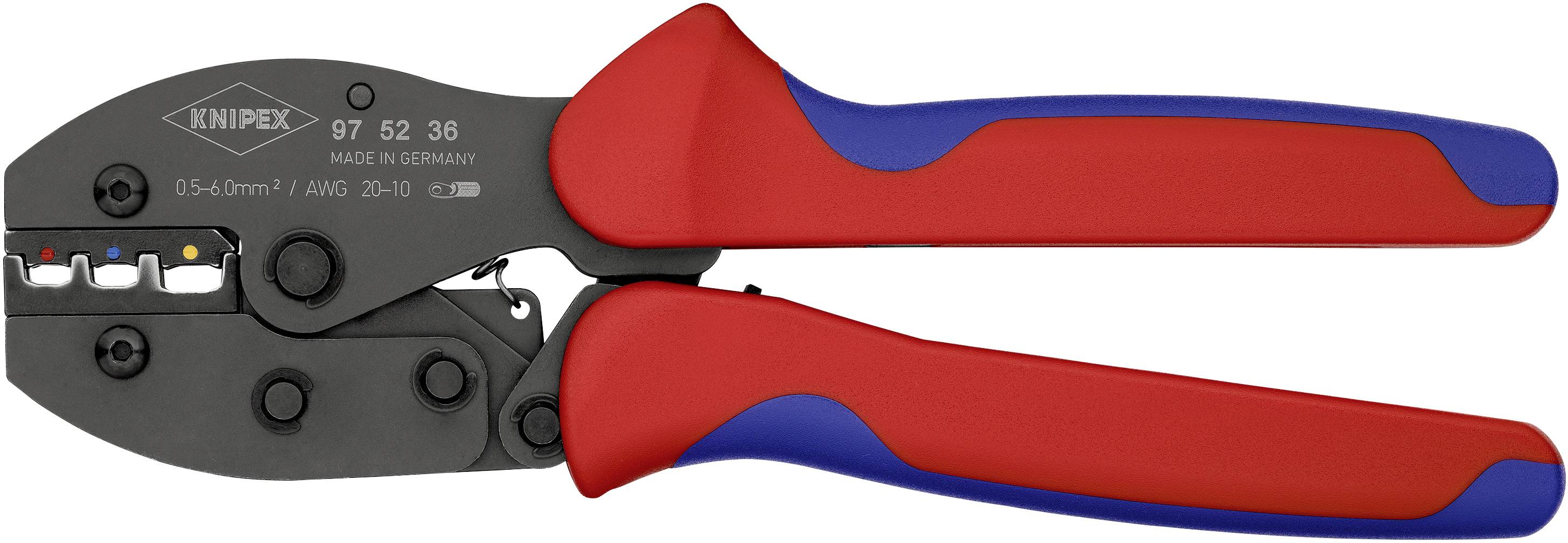 Een rode en blauwe krimptang van Knipex, geschikt voor het crimpen van kabels in het bereik van 0,5-6,0mm².