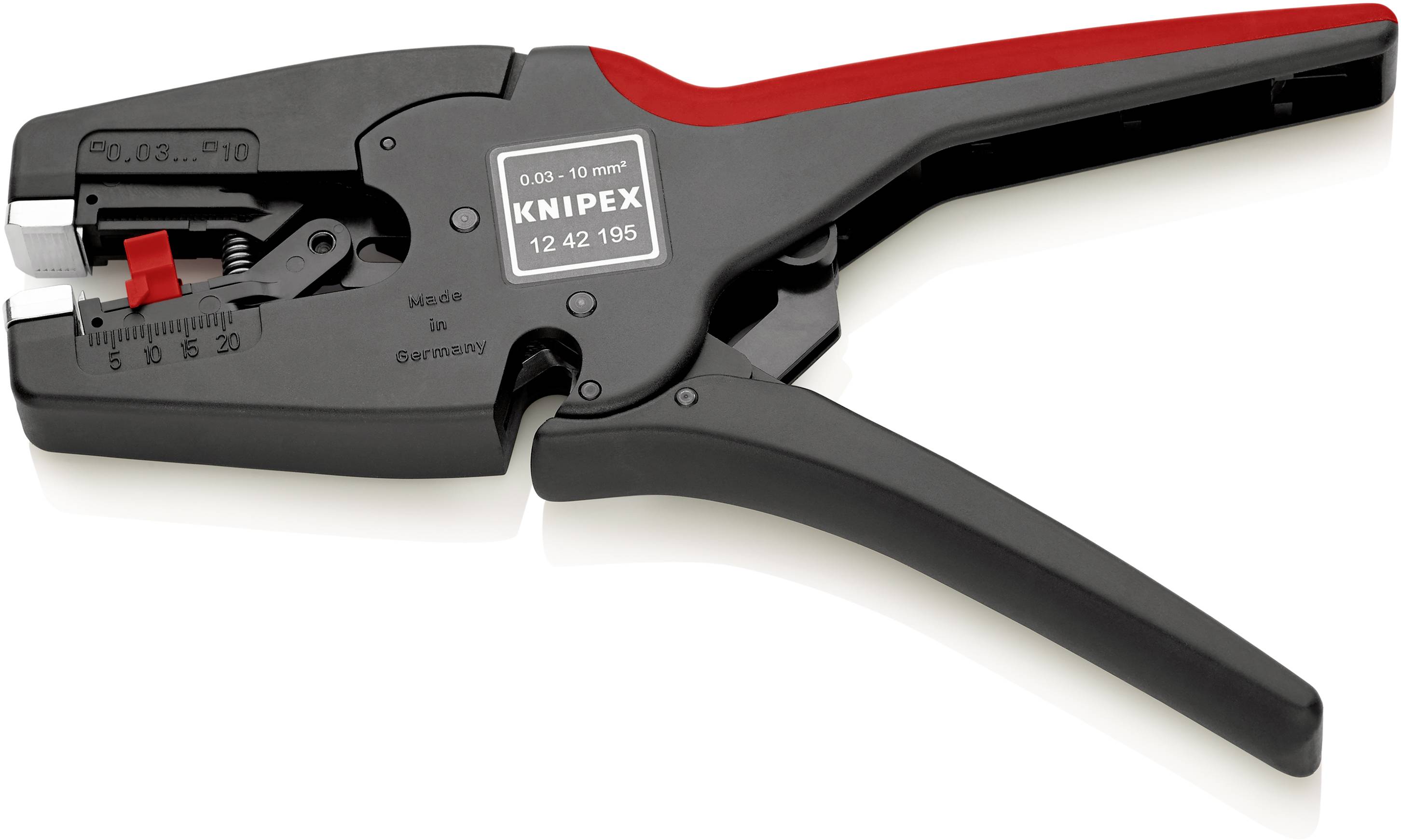 Striptang met messing gekleurde messen, zwarte handgreep en rode accent, geschikt voor kabels van 0,03-10 mm². Gemarkeerd met 'Knipex 12 42 195'.