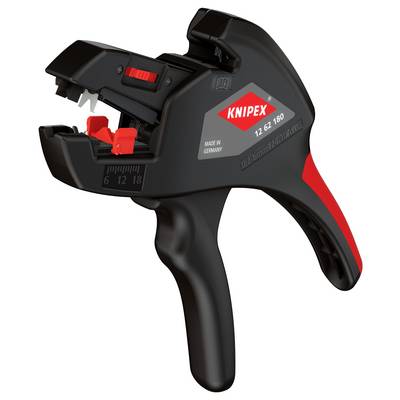 Striptang met zwart en rood ontwerp, gelabeld 'Knipex 12 62 150,' met maatstreepjes.