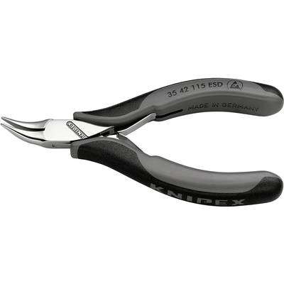 'Knipex precisietang, gebogen punten, klein gereedschap, gevormde grijze handgrepen, stalen constructie, 'Made in Germany' ingeschreven.'