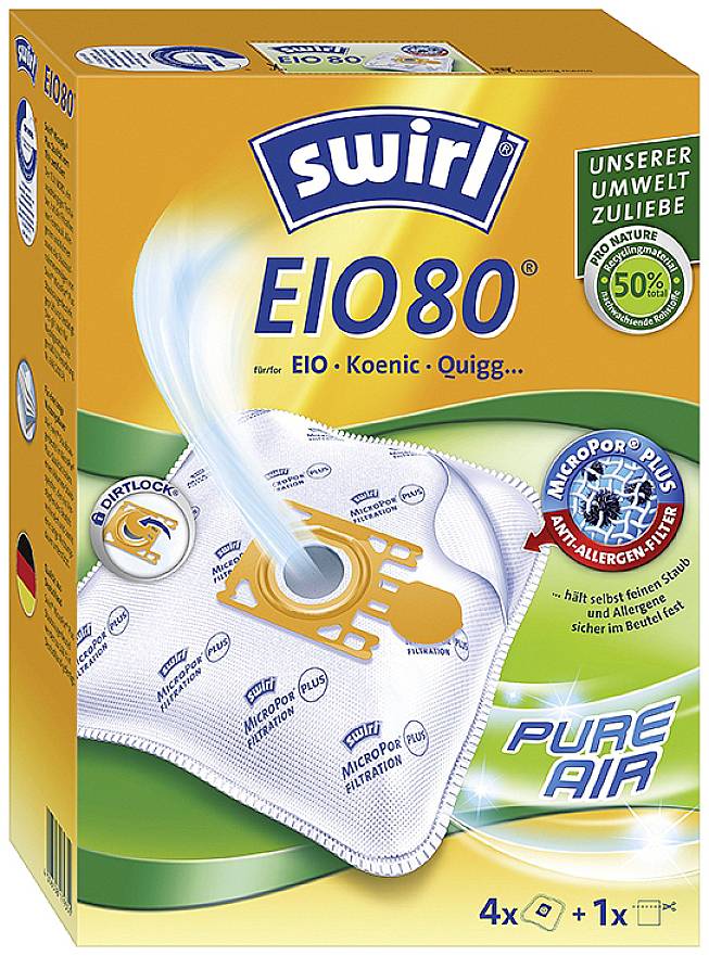 Een verpakking stofzuigerzakken van het merk Swirl met het logo 'Swirl EIO 80'. Bevat vier zakken plus een gratis zak. Milieuvriendelijke eigenschappen benadrukt.