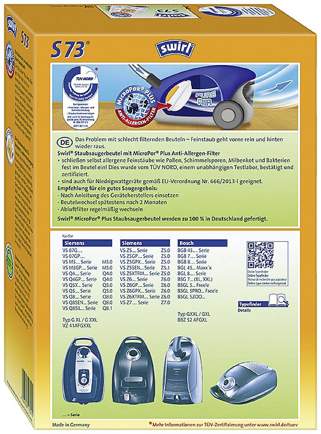'Verpakking van de Swirl S73 stofzuigerzakken' toont productafbeeldingen, TÜV-certificaatlogo en tekst over compatibiliteit en eigenschappen.