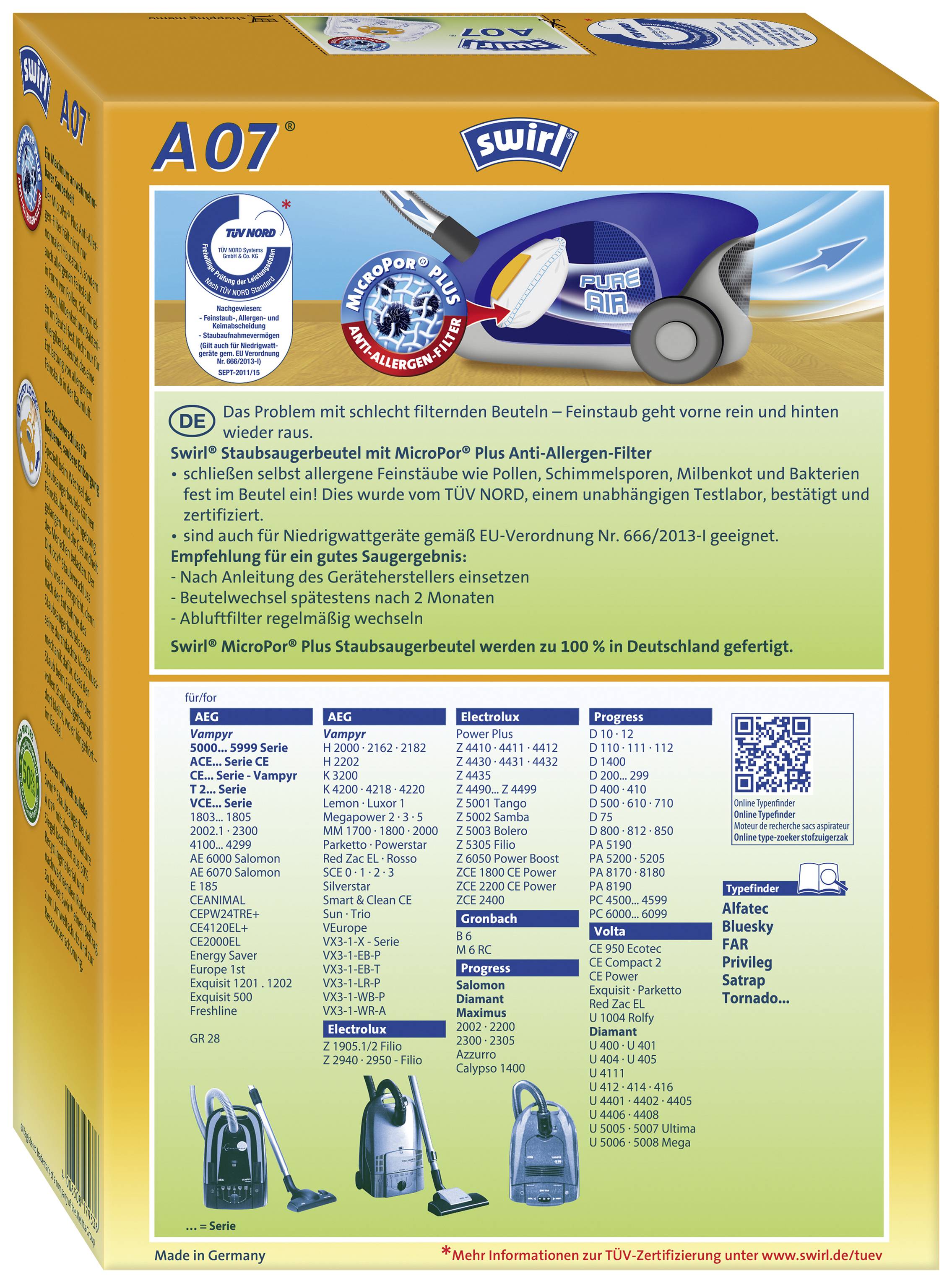 Achterkant van een stofzuigerzak A07 van Swirl. Eigenschappen: MicroPor Plus Filter, Anti-Allergeen-Systeem, TÜV-gecertificeerd, recyclebaar. Afbeelding van een compatibele stofzuiger.