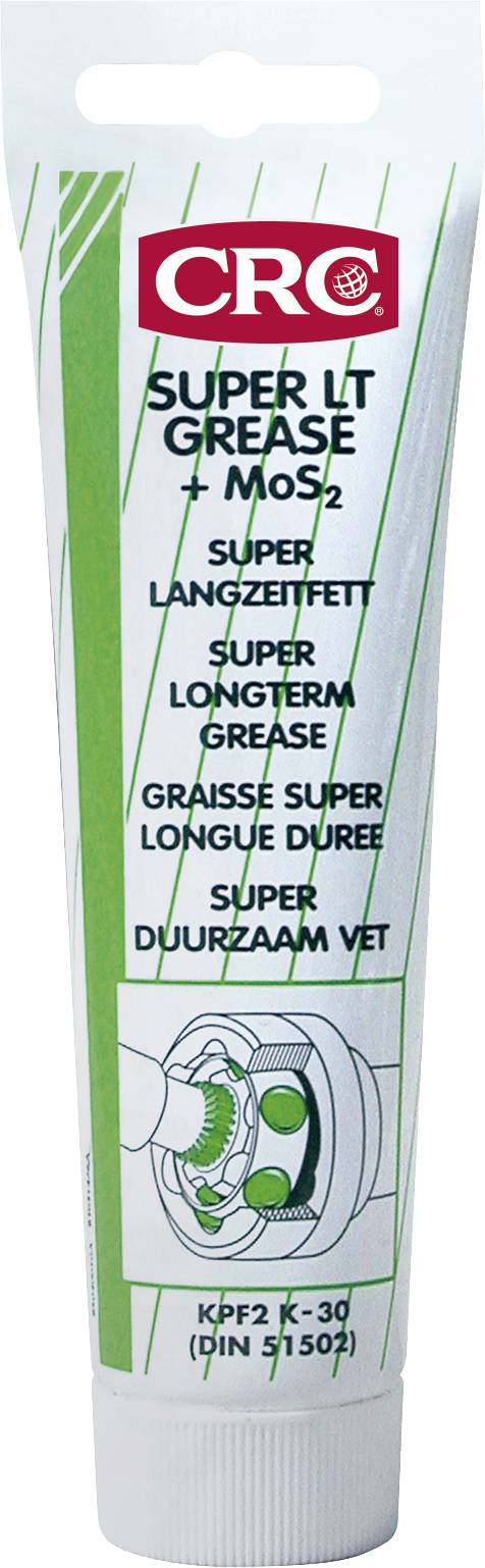 Een tube 'CRC Super LT Grease + MoS2', gelabeld als super langdurige vet, met illustraties die de toepassing ervan tonen.
