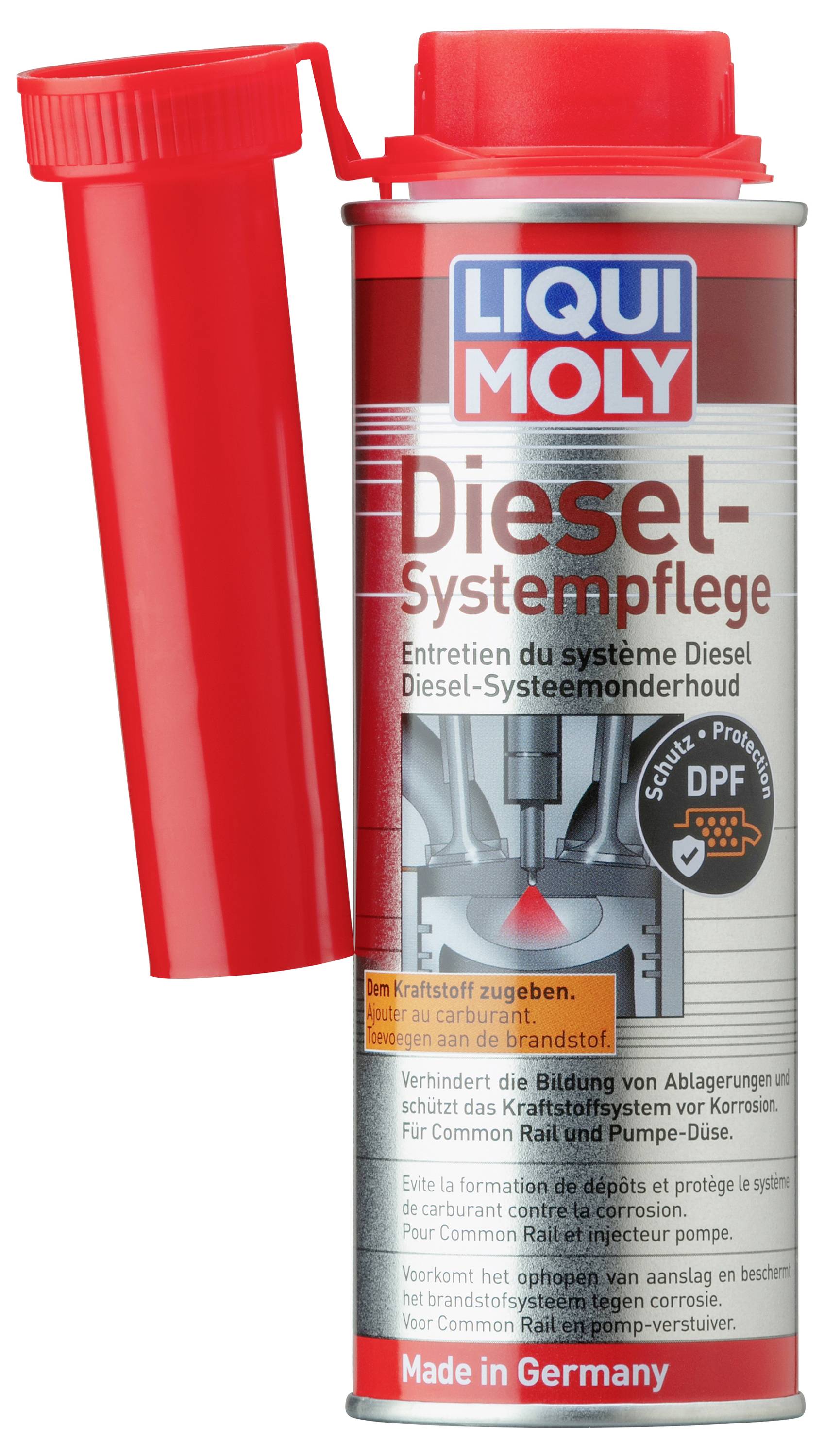 'Liqui Moly Diesel-Systeemonderhoud' blik met rode dop. Gebruikt voor het onderhouden van dieselsystemen, vermindert afzettingen, beschermt tegen corrosie. Gemaakt in Duitsland.