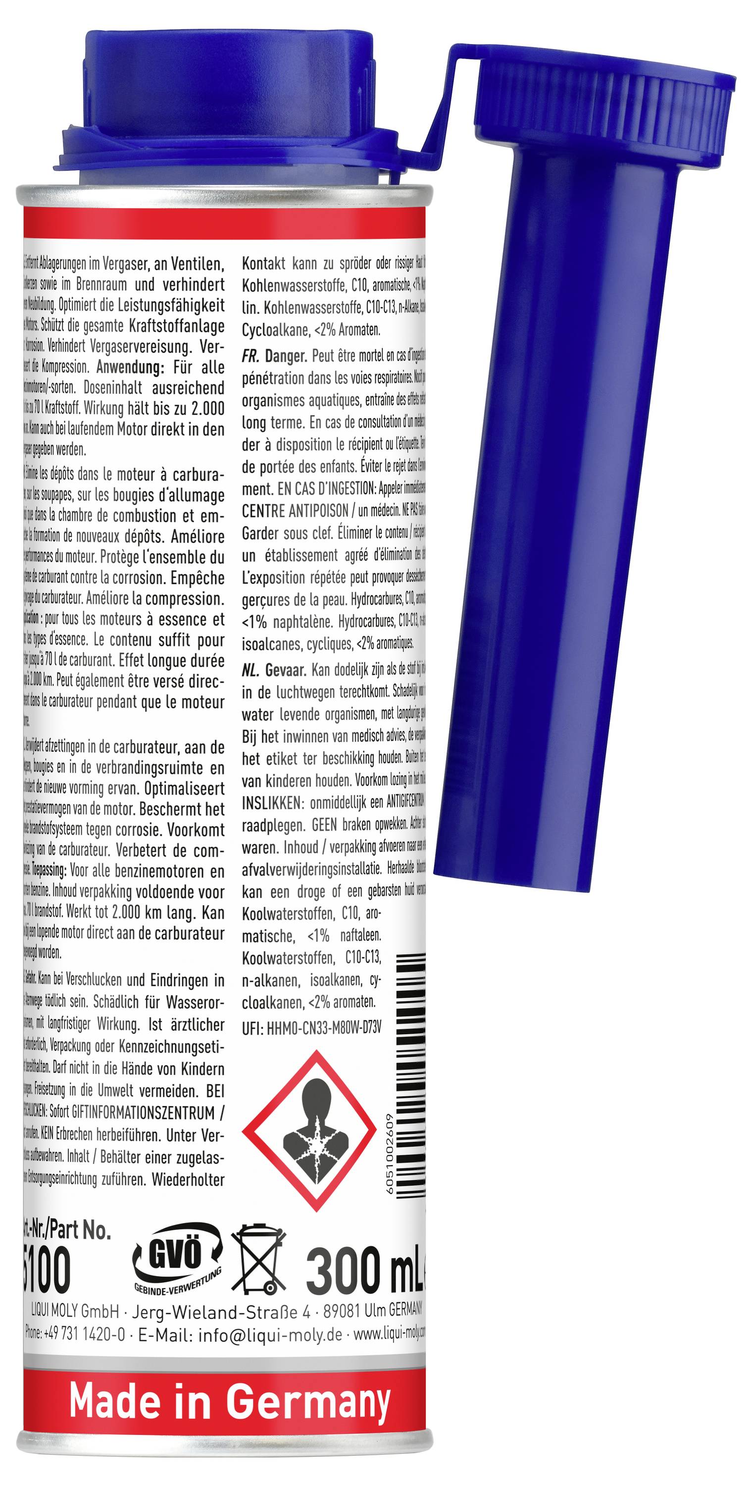 Blauwe plastic fles met dop die met een scharnier is bevestigd, met een productlabel, streepjescode, waarschuwingssymbool en tekst 'Made in Germany'.