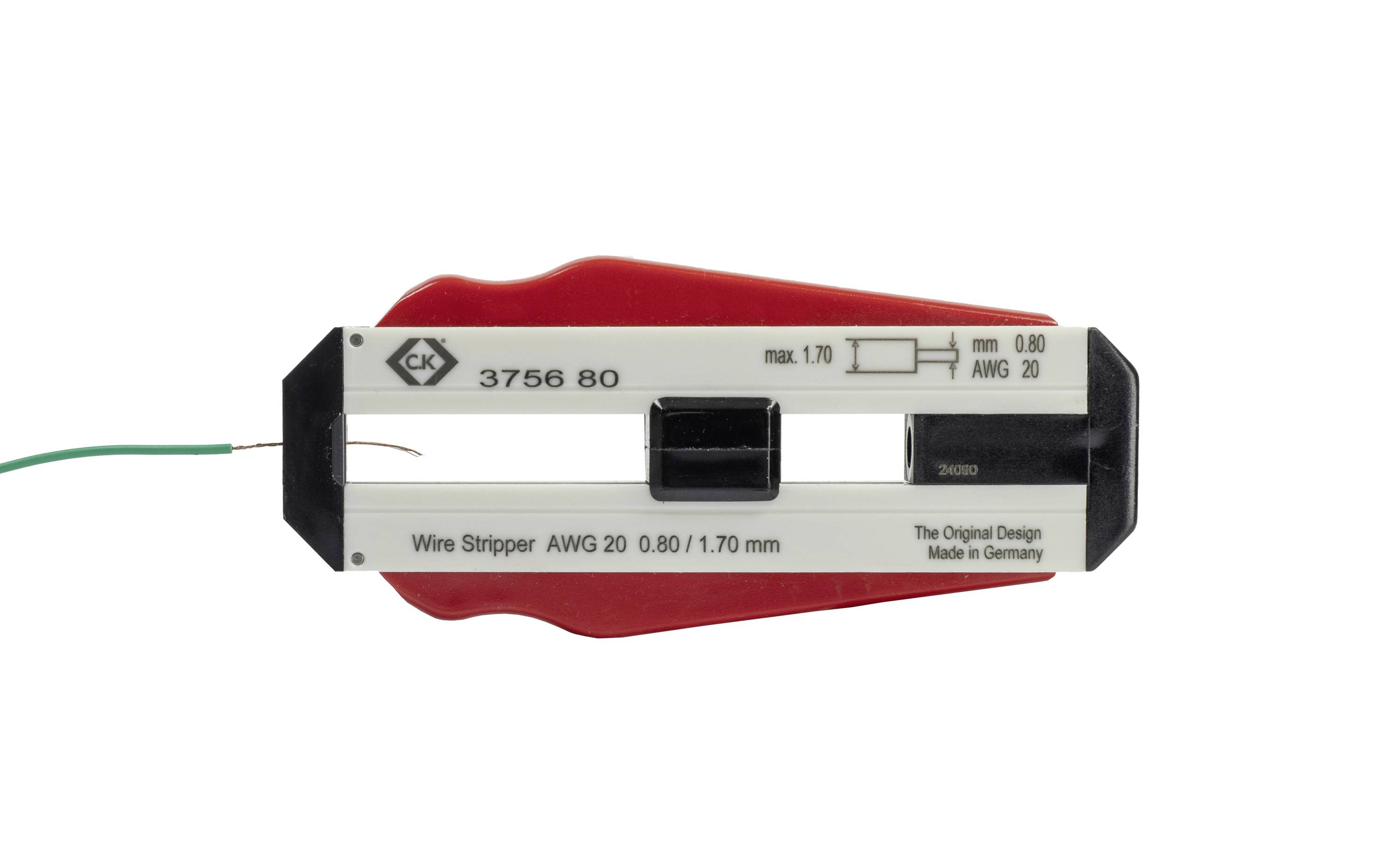 Striptang voor AWG 20 kabel, max. 1,70 mm, met maataanduiding en bedrijfslogo. Made in Germany.