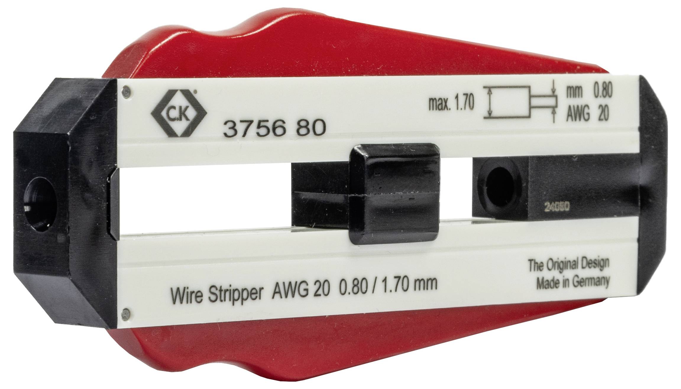 'Draadstripper met rode en zwarte handvatten, geschikt voor AWG 20, 0,80/1,70 mm. Vervaardigd in Duitsland.'