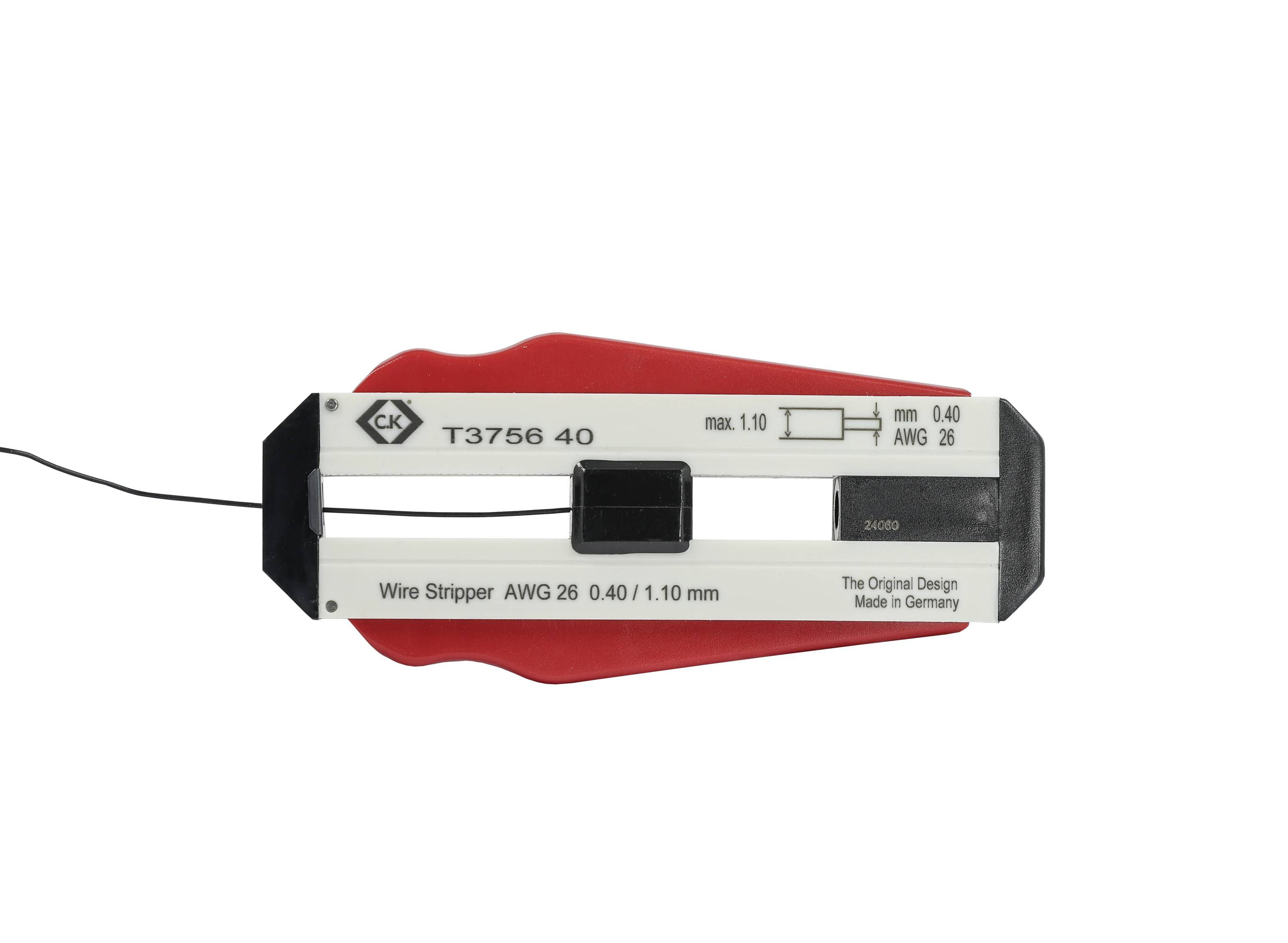 'Draadknipper C.K. max. 1,10 mm, AWG 26, Made in Germany. Hoofdkleuren: Rood en Wit. Kunststofbehuizing.'
