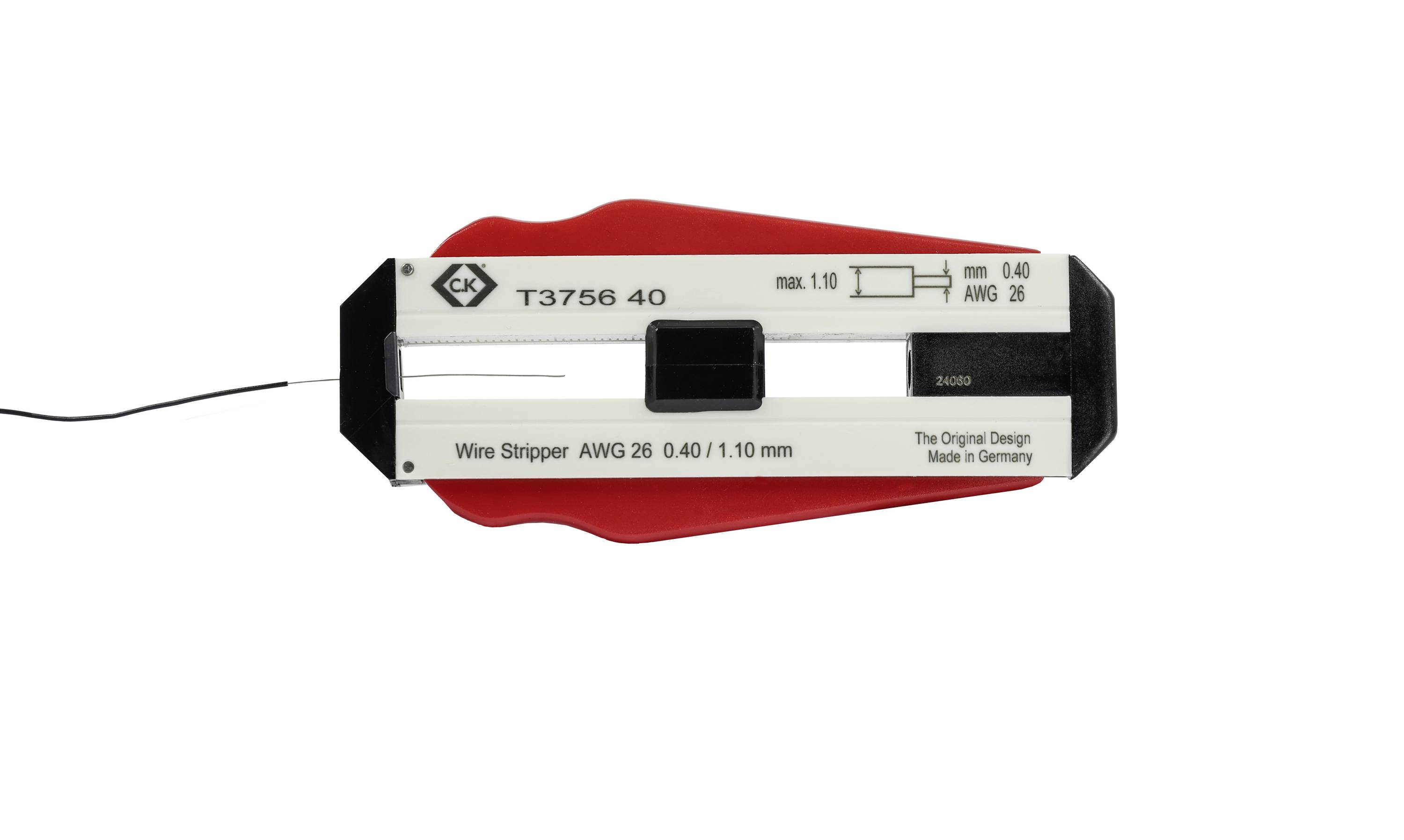 Gereedschap voor het afstrippen' met opschrift: 'Wire Stripper AWG 26 0,40/1,10 mm'. Ontworpen voor kabels tot max. 1,10 mm.