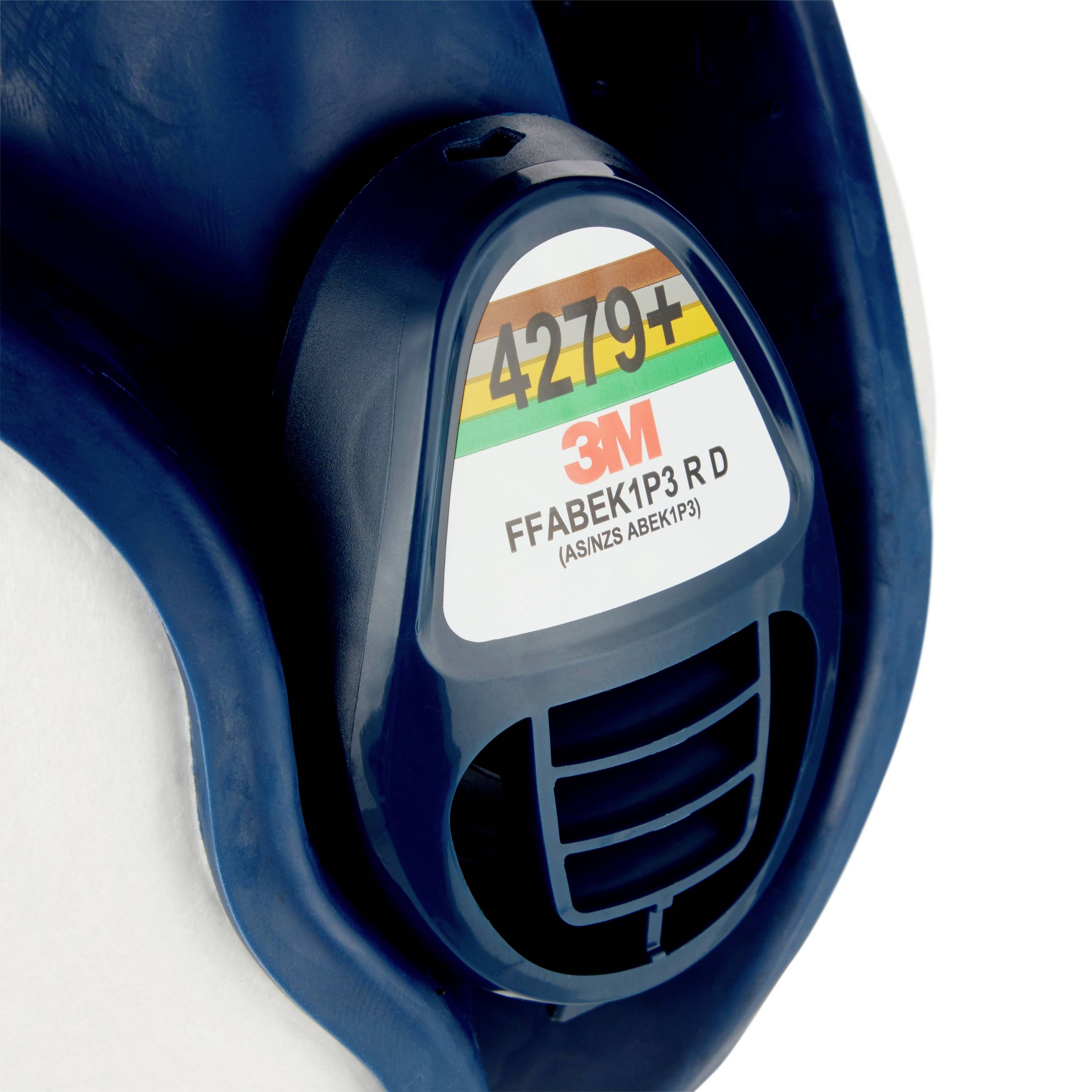 Close-upfoto van een 3M ademhalingsfilter, model 4279+, met kleurcodering en specificaties voor bescherming tegen gassen en deeltjes.