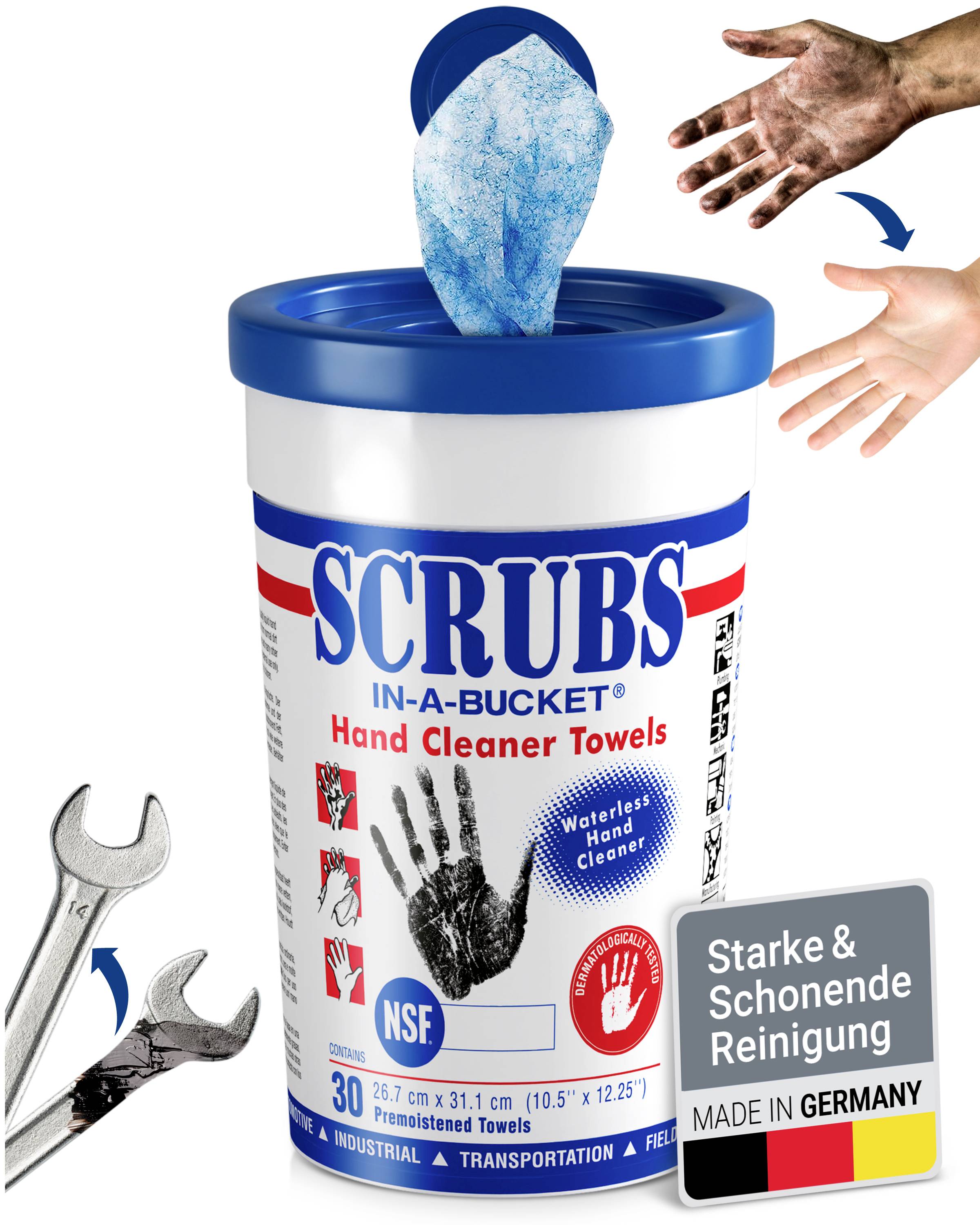 Plastic container met het opschrift 'SCRUBS IN-A-BUCKET Hand Cleaner Towels', naast een vuile hand, een schone hand, en een moersleutel.