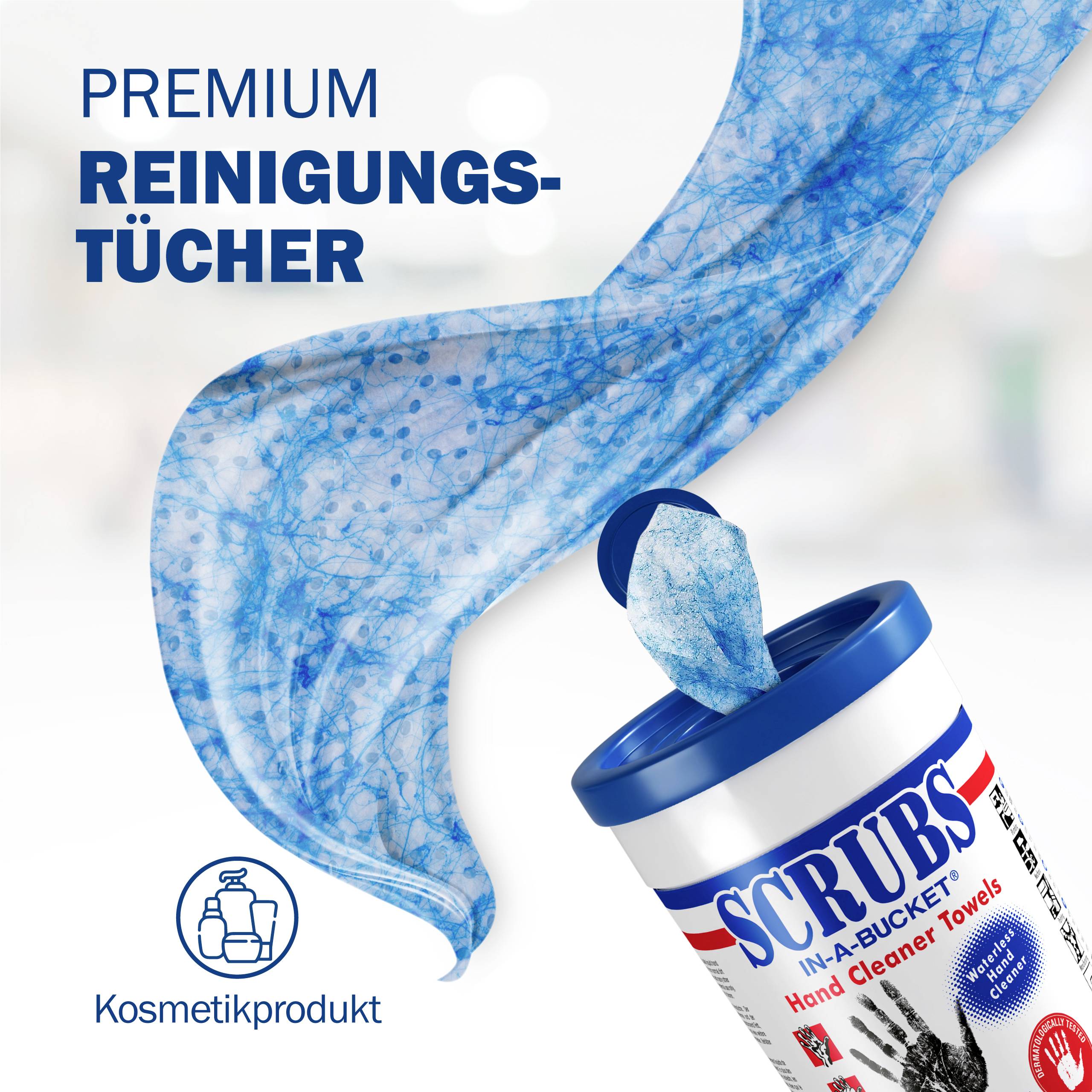 'Premium reinigingsdoekjes voor sterk vervuilde handen.' Afbeelding toont blauwe reinigingsdoekjes en container van het merk SCRUBS. Cosmeticaproduct-symbool links onderaan.